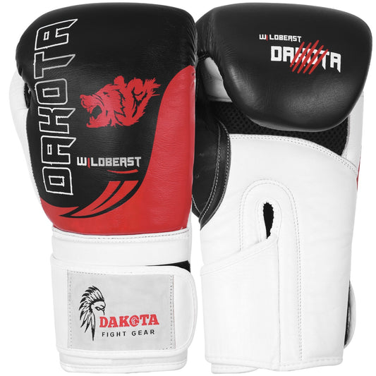 Dakota Wild Beast Genuine Leather Boxing Gloves With Bag - Red/Black
